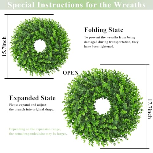 U'Artlines 17" Spring Summer Wreath for Door Green Boxwood Wreath Greenery Hanging Garland for Home Wedding Wall Window Decoration(01)