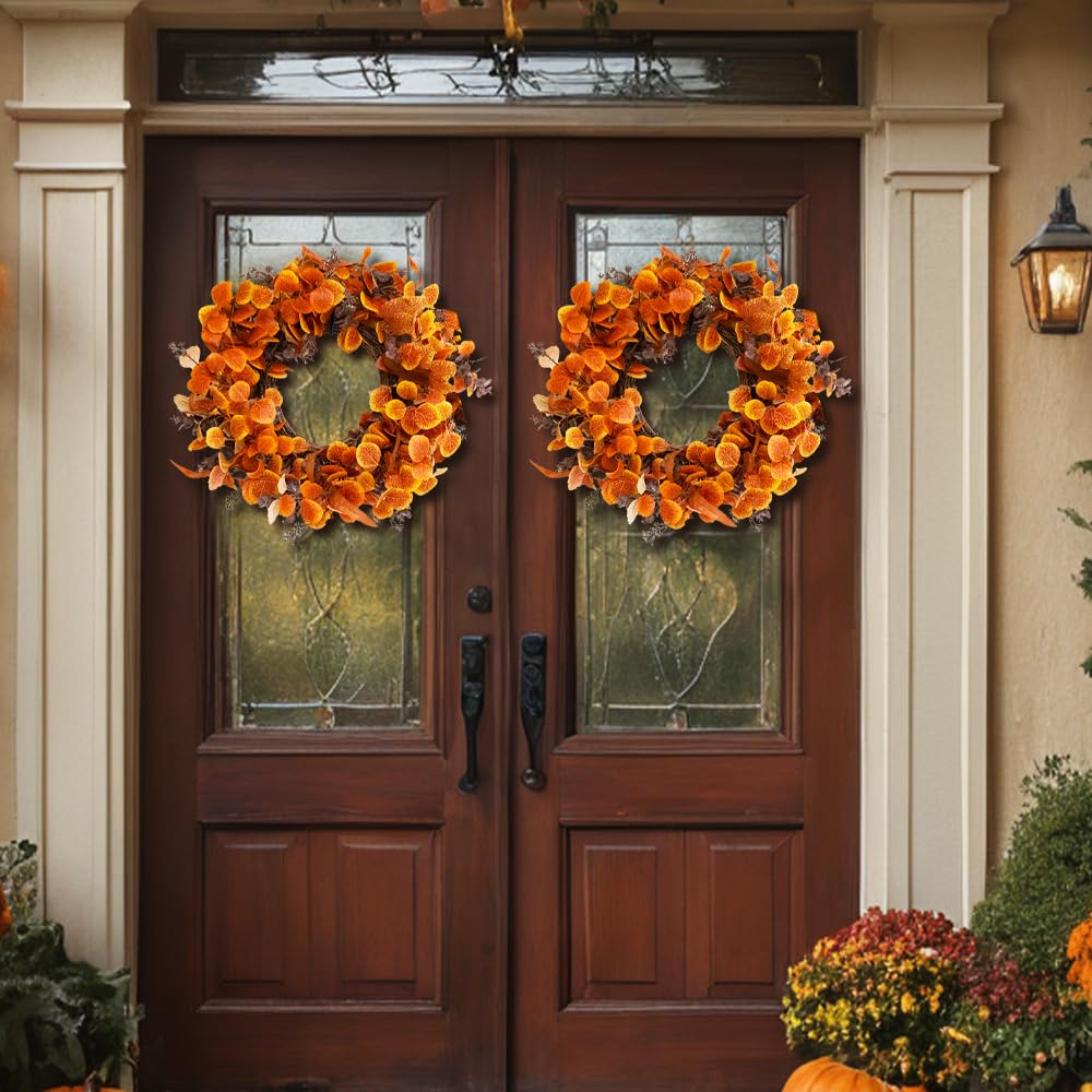 Qingbei Rina Thanksgiving Fall Wreaths for Front Door Outside 22 Inch, Fall Outdoor Wreath with Eucalyptus Leaves, Berries, Fall Leaf Wreath for Farmhouse, Autumn Wreath Harvest Window Decor