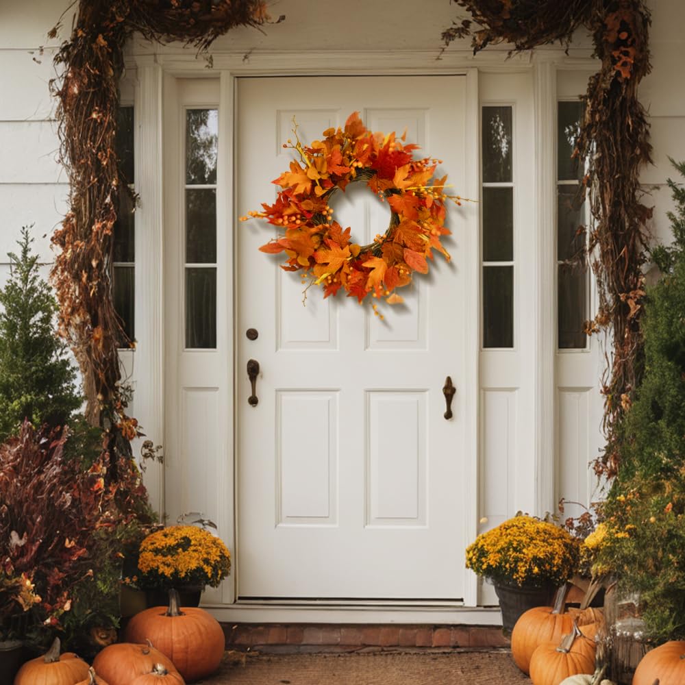 Qingbei Rina Thanksgiving Fall Wreaths for Front Door Outside 22 Inch, Fall Outdoor Wreath with Eucalyptus Leaves, Berries, Fall Leaf Wreath for Farmhouse, Autumn Wreath Harvest Window Decor