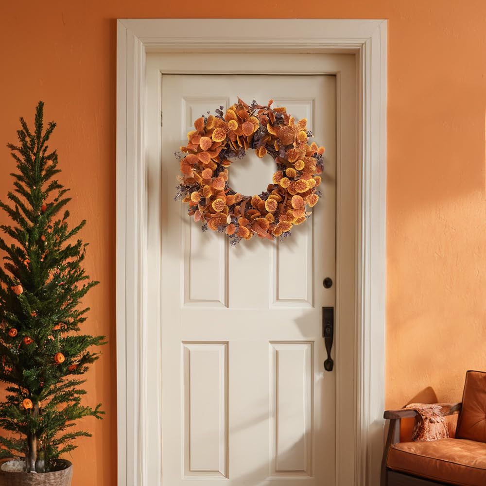 Qingbei Rina Thanksgiving Fall Wreaths for Front Door Outside 22 Inch, Fall Outdoor Wreath with Eucalyptus Leaves, Berries, Fall Leaf Wreath for Farmhouse, Autumn Wreath Harvest Window Decor