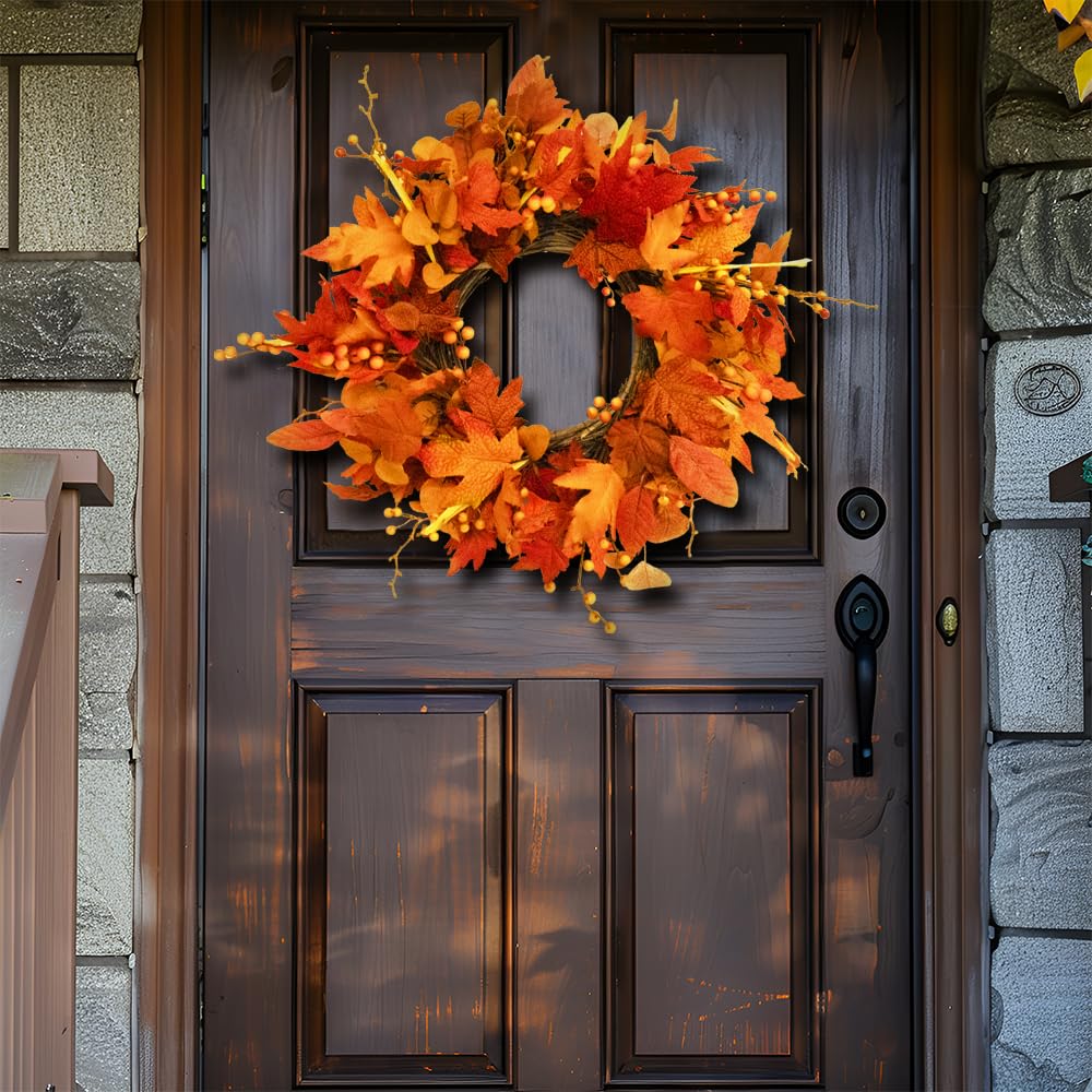 Qingbei Rina Thanksgiving Fall Wreaths for Front Door Outside 22 Inch, Fall Outdoor Wreath with Eucalyptus Leaves, Berries, Fall Leaf Wreath for Farmhouse, Autumn Wreath Harvest Window Decor