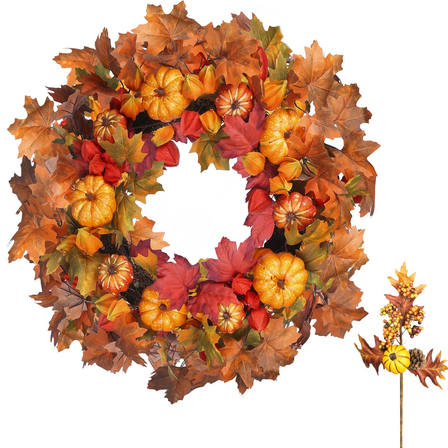 26 Inch Fall Wreath for Front Door, Artificial Autumn Wreath with Maple Leaves,Oak Leaves,Flowers,and Berries, Thanksgiving & Halloween Fall Decor for Indoor Outdoor Wall Window