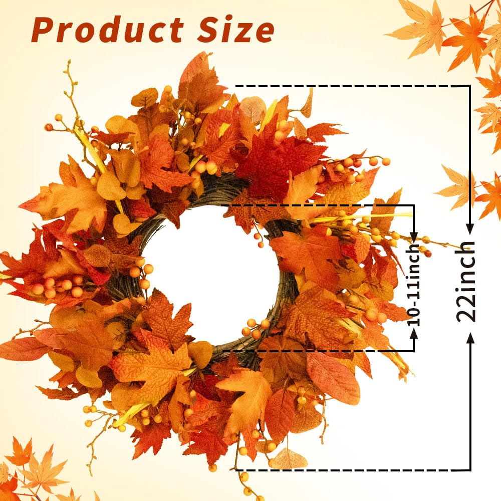 Qingbei Rina Thanksgiving Fall Wreaths for Front Door Outside 22 Inch, Fall Outdoor Wreath with Eucalyptus Leaves, Berries, Fall Leaf Wreath for Farmhouse, Autumn Wreath Harvest Window Decor