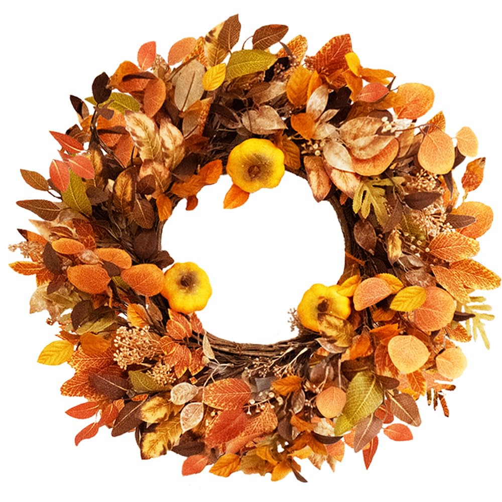 Qingbei Rina Thanksgiving Fall Wreaths for Front Door Outside 22 Inch, Fall Outdoor Wreath with Eucalyptus Leaves, Berries, Fall Leaf Wreath for Farmhouse, Autumn Wreath Harvest Window Decor