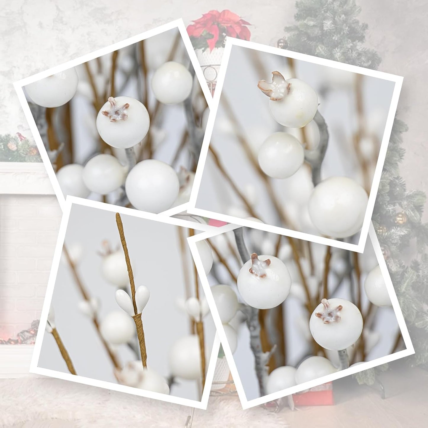 6 Pack White Christmas Stems 17 Inch Winter Floral Picks Artificial Christmas Berry Stems with Holly Berries for Indoor Outdoor Xmas Holiday Decoration