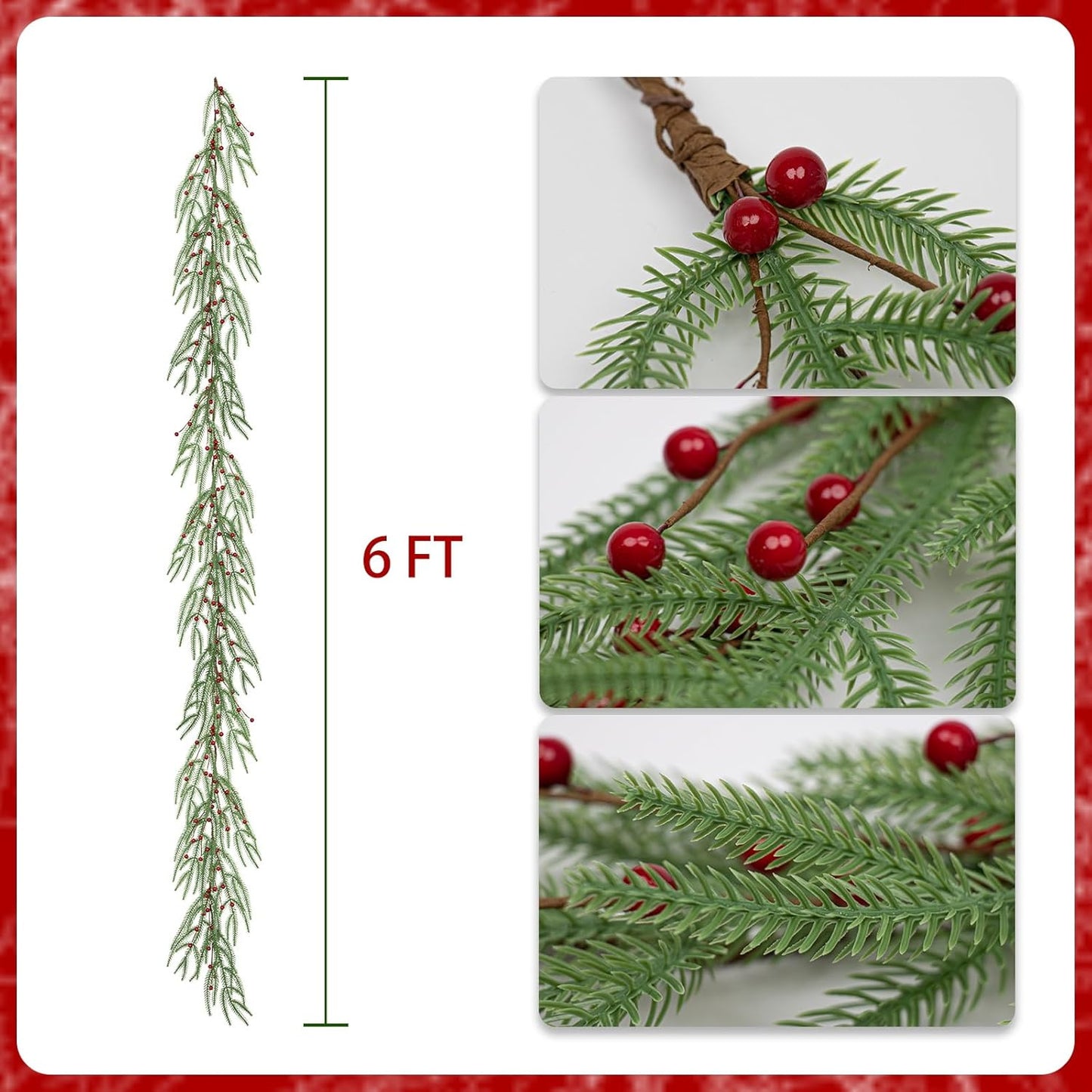 Christmas Garlands for Mantle 6 Feet Christmas Greenery Garland Artificial Norfolk Pine Garland with Red Berry for Indoor Outdoor Wall Window and Table Decoration