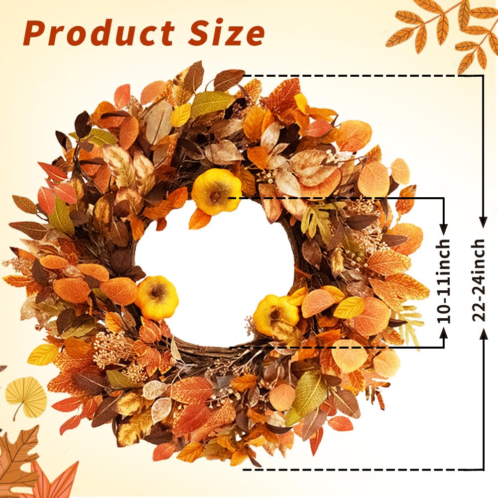 Qingbei Rina Thanksgiving Fall Wreaths for Front Door Outside 22 Inch, Fall Outdoor Wreath with Eucalyptus Leaves, Berries, Fall Leaf Wreath for Farmhouse, Autumn Wreath Harvest Window Decor