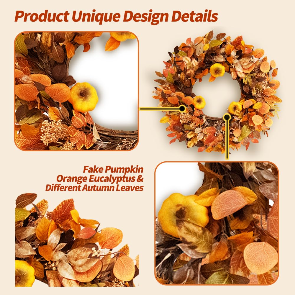 Qingbei Rina Thanksgiving Fall Wreaths for Front Door Outside 22 Inch, Fall Outdoor Wreath with Eucalyptus Leaves, Berries, Fall Leaf Wreath for Farmhouse, Autumn Wreath Harvest Window Decor