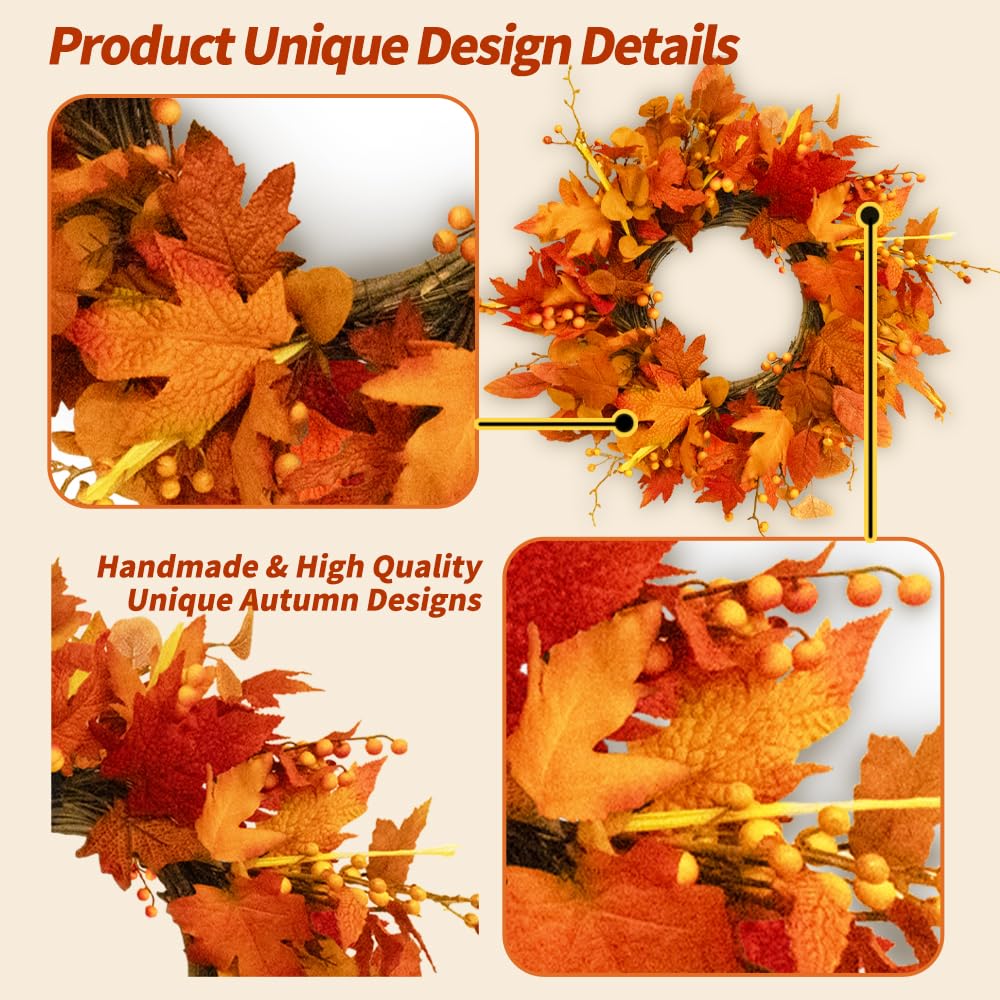 Qingbei Rina Thanksgiving Fall Wreaths for Front Door Outside 22 Inch, Fall Outdoor Wreath with Eucalyptus Leaves, Berries, Fall Leaf Wreath for Farmhouse, Autumn Wreath Harvest Window Decor