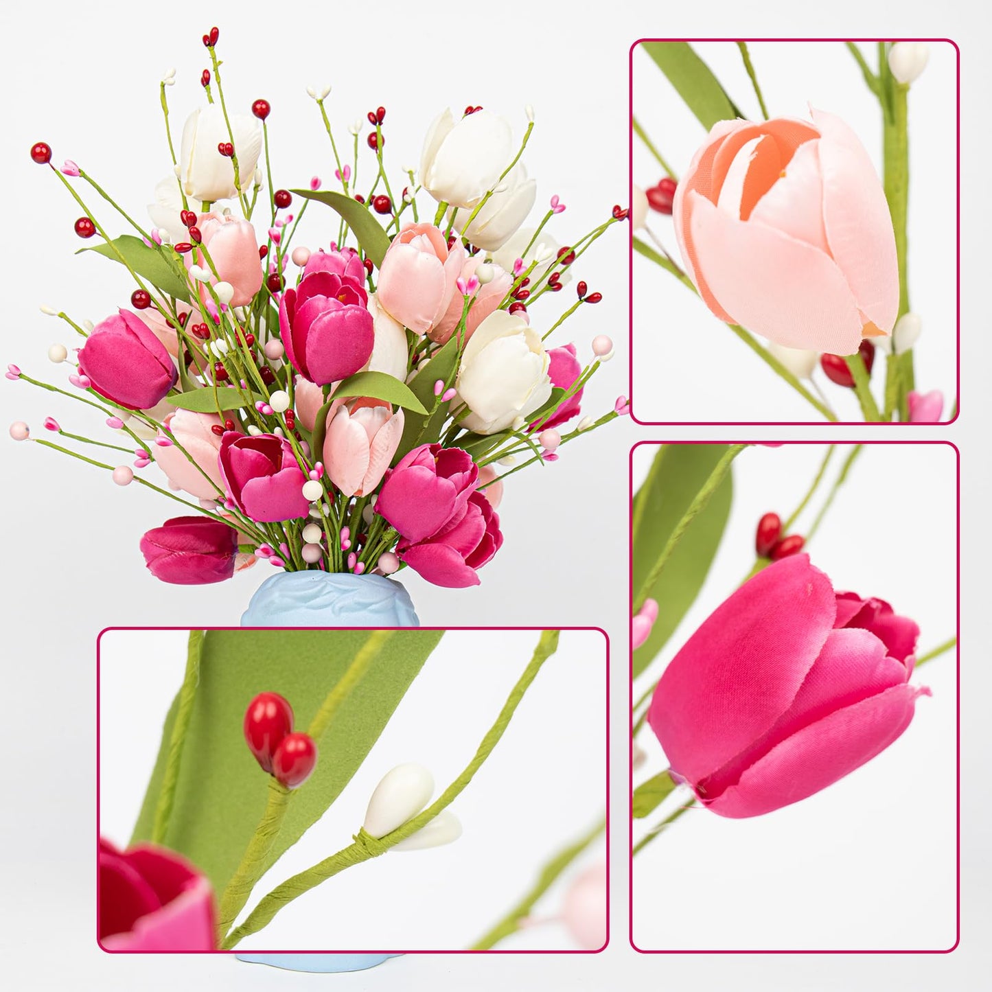 Valentines Day Decorations, 6 Pack Artificial Flowers 17inch Valentine’s Day Picks with Tulip Berry for Valentine’s Day Wedding Party Center Pieces Decoration