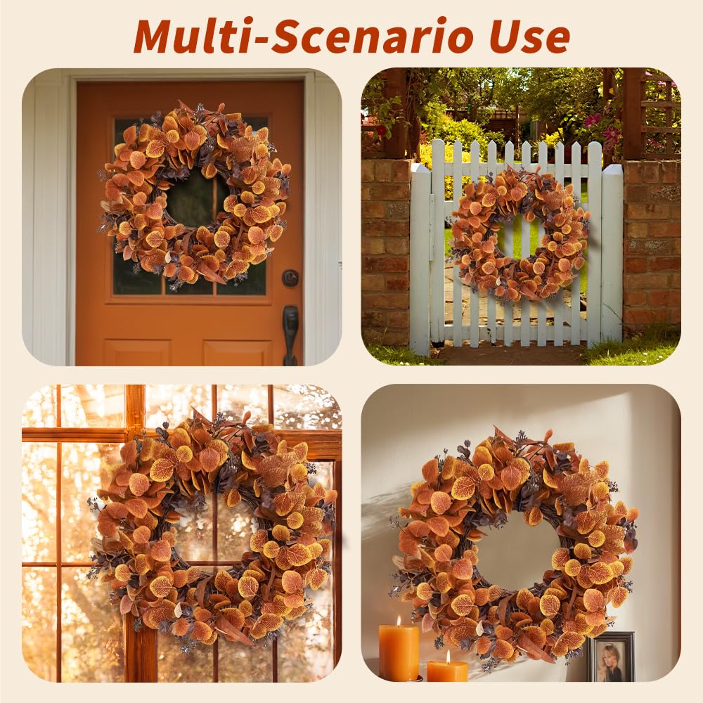 Qingbei Rina Thanksgiving Fall Wreaths for Front Door Outside 22 Inch, Fall Outdoor Wreath with Eucalyptus Leaves, Berries, Fall Leaf Wreath for Farmhouse, Autumn Wreath Harvest Window Decor