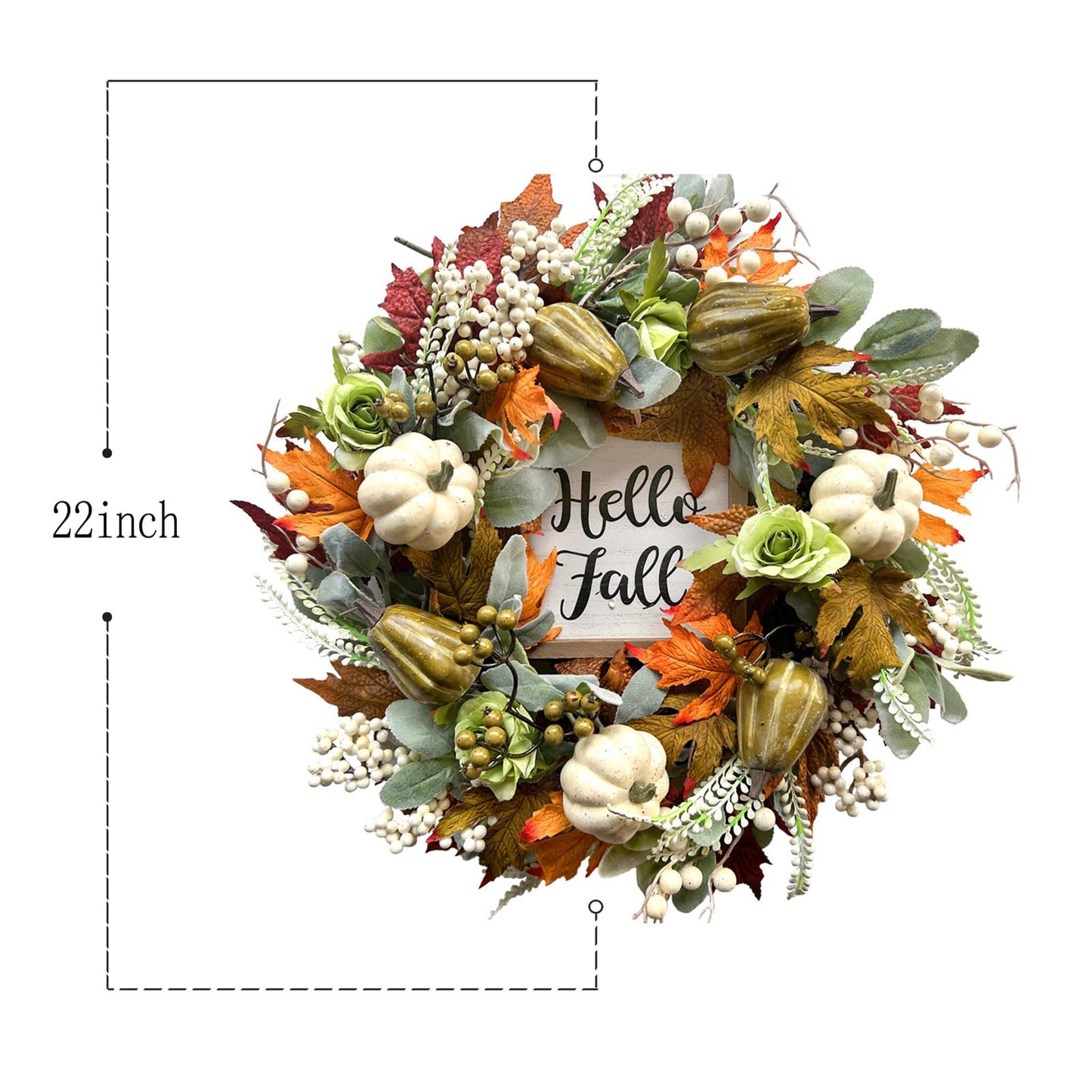 Bibelot Hello Fall Wreath 22’’ Autumn Front Door Wreath, Harvest Wreath with Various Pumpkin Cluster of Berries Maple Leaves Pine Cones for Outside Indoor Wall Thanksgiving Fall Autumn Decor