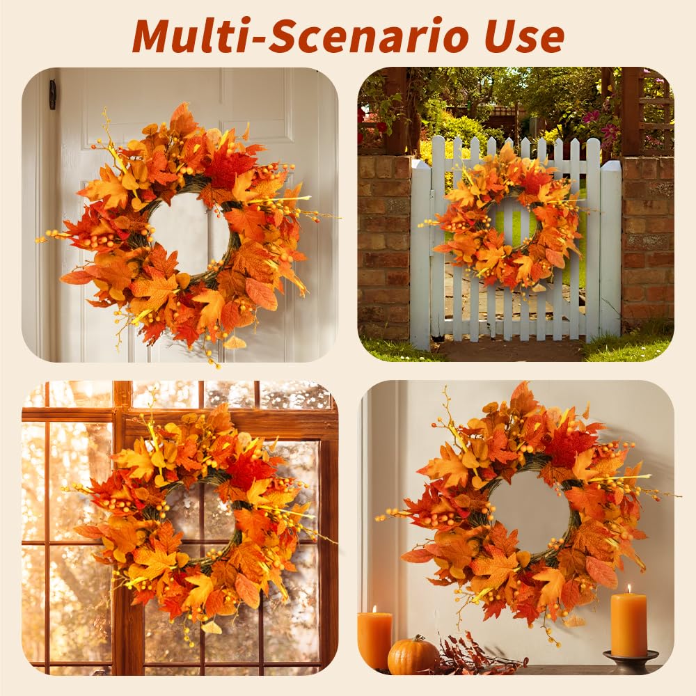 Qingbei Rina Thanksgiving Fall Wreaths for Front Door Outside 22 Inch, Fall Outdoor Wreath with Eucalyptus Leaves, Berries, Fall Leaf Wreath for Farmhouse, Autumn Wreath Harvest Window Decor