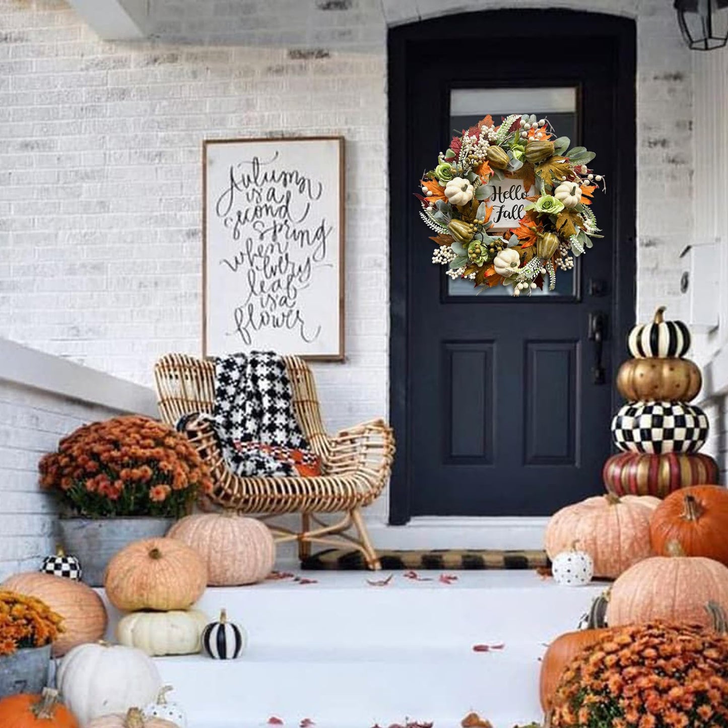 Bibelot Hello Fall Wreath 22’’ Autumn Front Door Wreath, Harvest Wreath with Various Pumpkin Cluster of Berries Maple Leaves Pine Cones for Outside Indoor Wall Thanksgiving Fall Autumn Decor