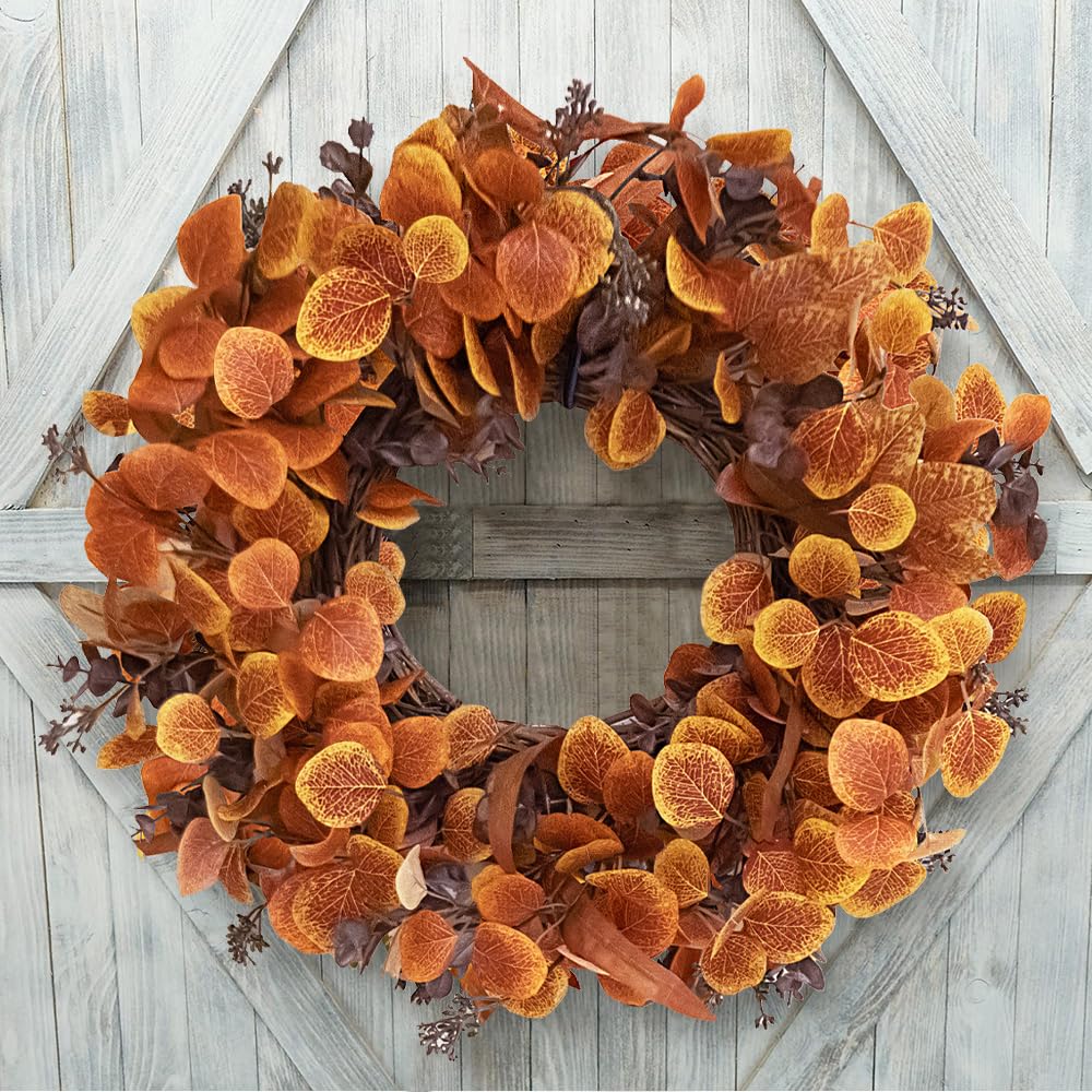 Qingbei Rina Thanksgiving Fall Wreaths for Front Door Outside 22 Inch, Fall Outdoor Wreath with Eucalyptus Leaves, Berries, Fall Leaf Wreath for Farmhouse, Autumn Wreath Harvest Window Decor