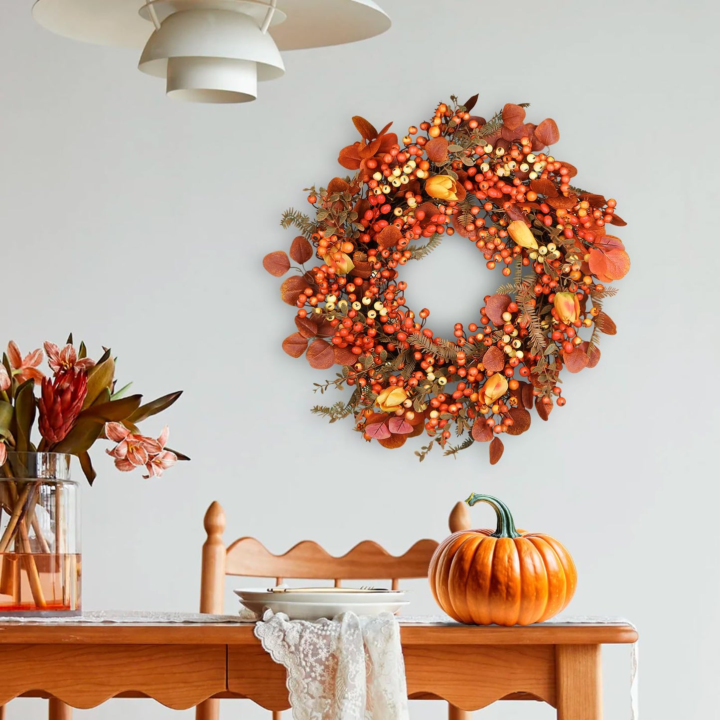 26 Inch Fall Wreath for Front Door, Artificial Autumn Wreath with Maple Leaves,Oak Leaves,Flowers,and Berries, Thanksgiving & Halloween Fall Decor for Indoor Outdoor Wall Window