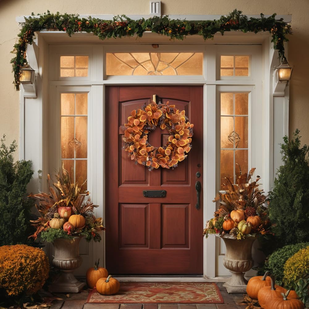 Qingbei Rina Thanksgiving Fall Wreaths for Front Door Outside 22 Inch, Fall Outdoor Wreath with Eucalyptus Leaves, Berries, Fall Leaf Wreath for Farmhouse, Autumn Wreath Harvest Window Decor