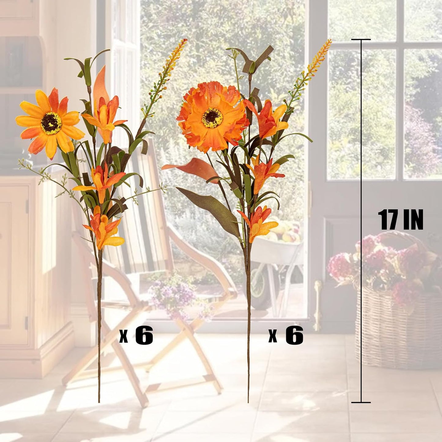 12 Pack Artificial Fall Flowers Orange Fall Floral Stems 17 Inch Forsythia Picks with Sunflower and Daisy for Autumn Home Decorations