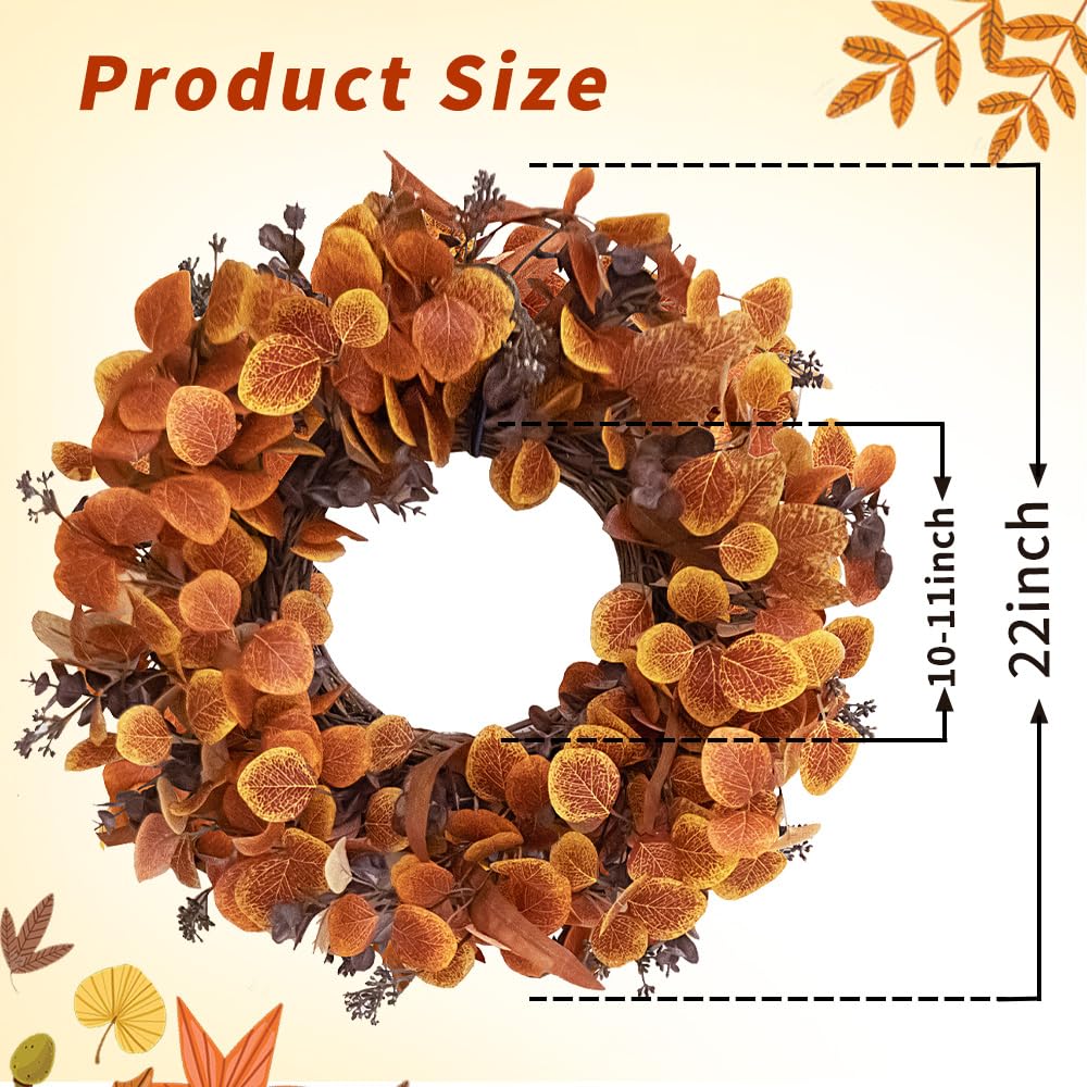 Qingbei Rina Thanksgiving Fall Wreaths for Front Door Outside 22 Inch, Fall Outdoor Wreath with Eucalyptus Leaves, Berries, Fall Leaf Wreath for Farmhouse, Autumn Wreath Harvest Window Decor