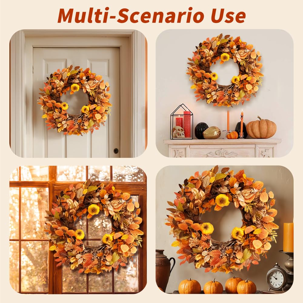 Qingbei Rina Thanksgiving Fall Wreaths for Front Door Outside 22 Inch, Fall Outdoor Wreath with Eucalyptus Leaves, Berries, Fall Leaf Wreath for Farmhouse, Autumn Wreath Harvest Window Decor