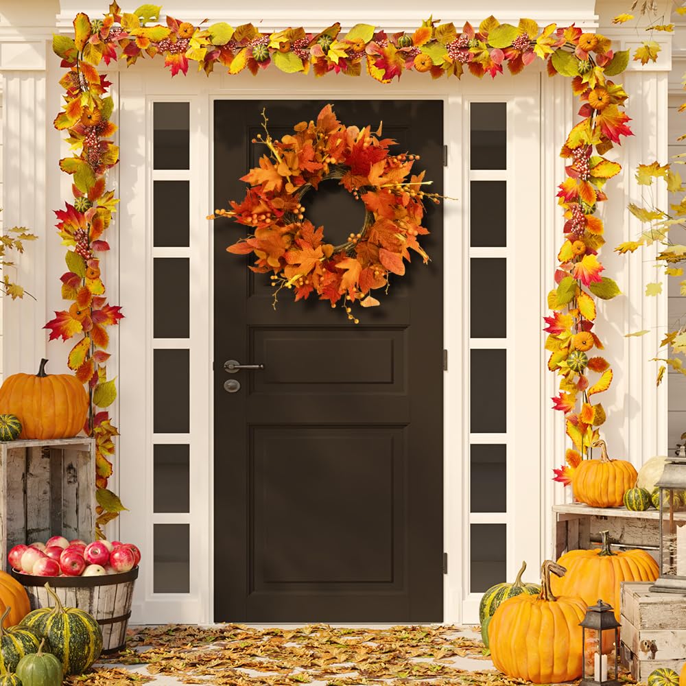 Qingbei Rina Thanksgiving Fall Wreaths for Front Door Outside 22 Inch, Fall Outdoor Wreath with Eucalyptus Leaves, Berries, Fall Leaf Wreath for Farmhouse, Autumn Wreath Harvest Window Decor