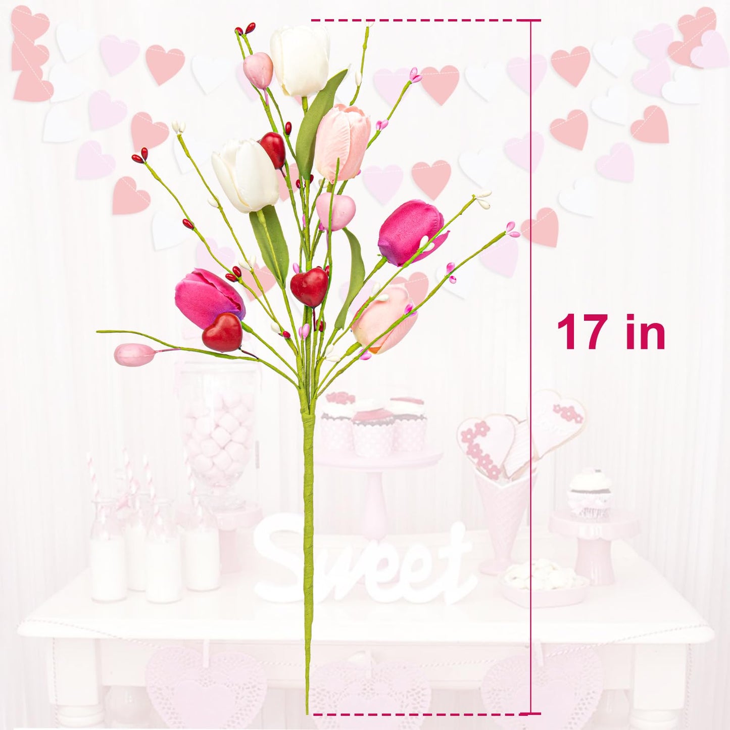 Valentines Day Decorations, 6 Pack Artificial Flowers 17inch Valentine’s Day Picks with Tulip Berry for Valentine’s Day Wedding Party Center Pieces Decoration