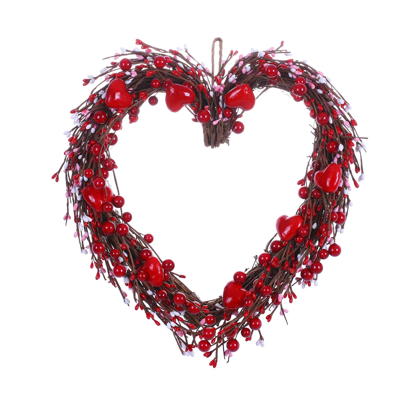 Valentine’s Day Wreath,15” Heart Shaped Wreath with Red Berries for Valentine’s Day Wedding Festival Decor