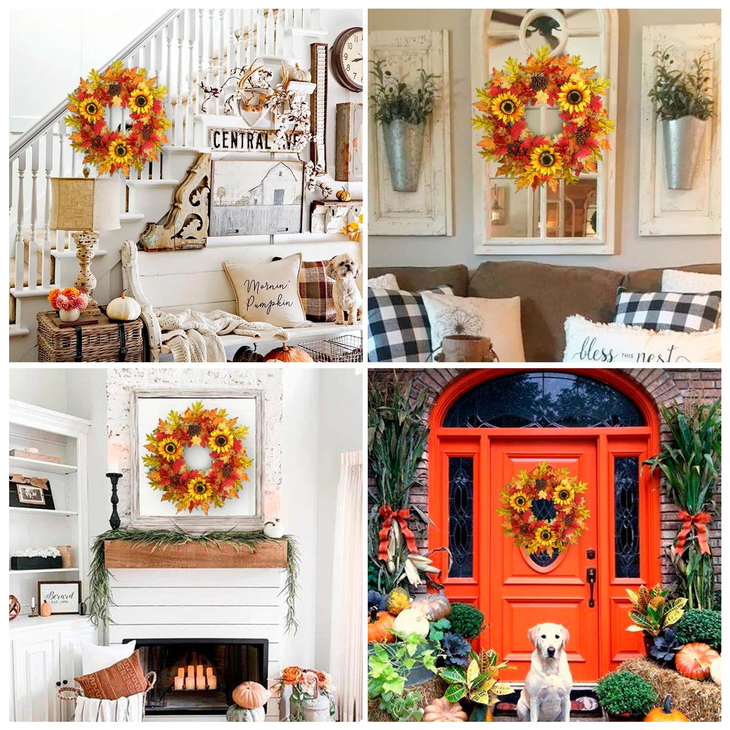 26 Inch Fall Wreath for Front Door, Artificial Autumn Wreath with Maple Leaves,Oak Leaves,Flowers,and Berries, Thanksgiving & Halloween Fall Decor for Indoor Outdoor Wall Window