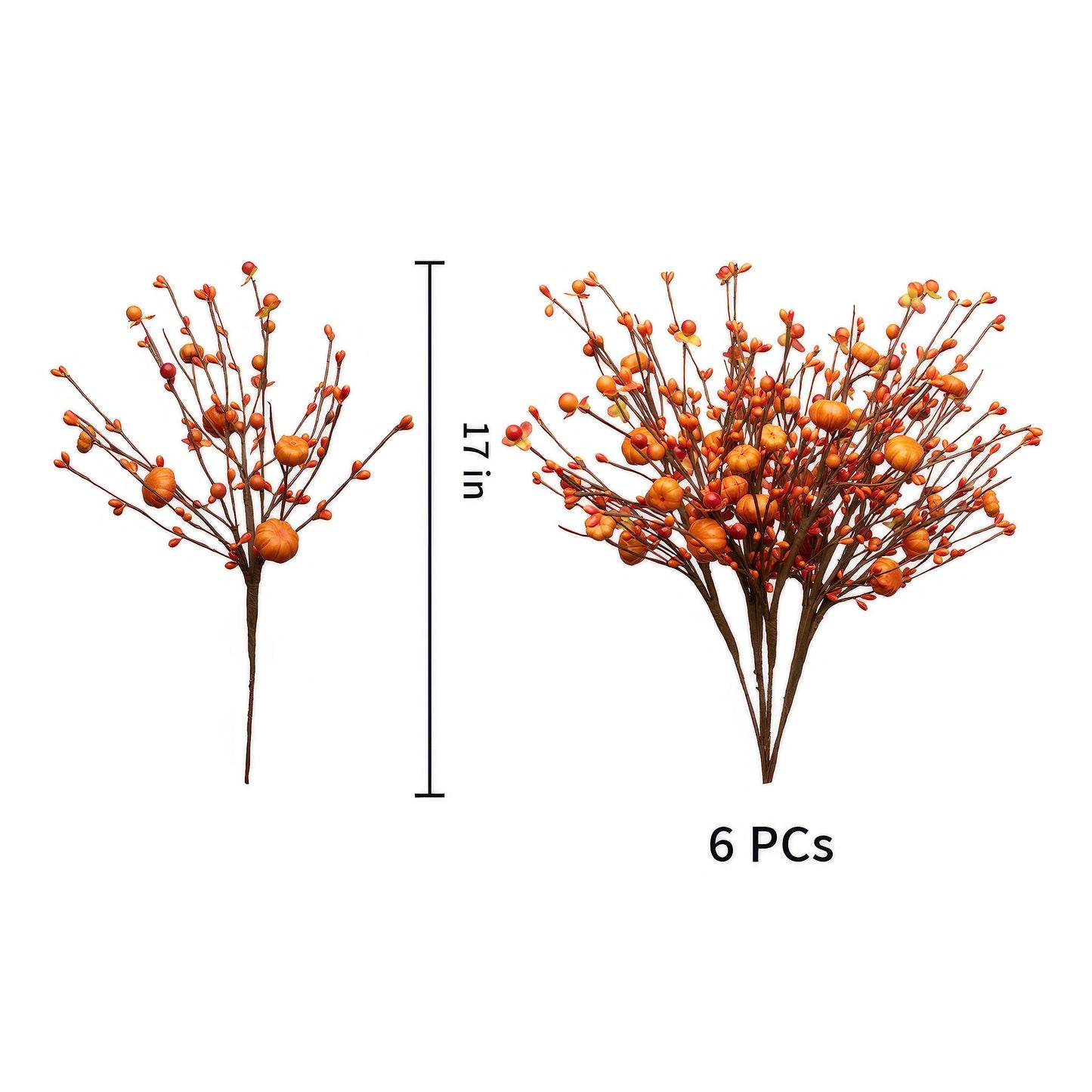 6Pcs Artificial Fall Berry Stems, Orange Pumpkin Picks Floral with Berry Fall Picks for Floral Arrangements, for Autumn Thanksgiving Home Table Centerpiece Decorations (17in)