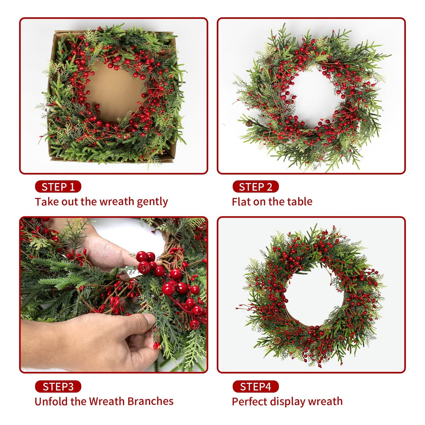 Artificial Christmas Wreath 22 Inch Christmas Wreaths for Front Door Large Winter Wreath with Pine Cones and Red Berries for Outdoor Indoor Holiday Xmas Celebration(Red)