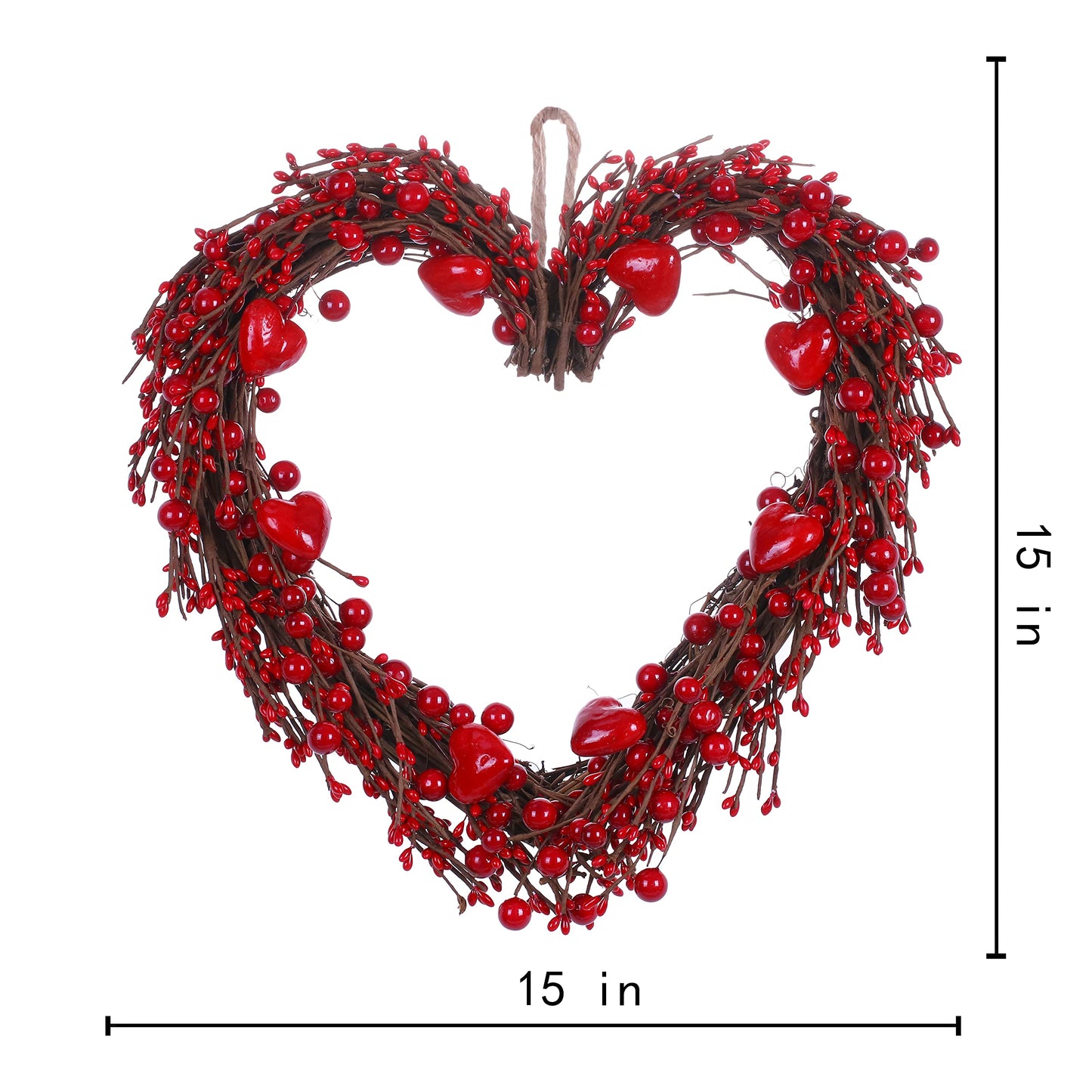 Valentine’s Day Wreath,15” Heart Shaped Wreath with Red Berries for Valentine’s Day Wedding Festival Decor