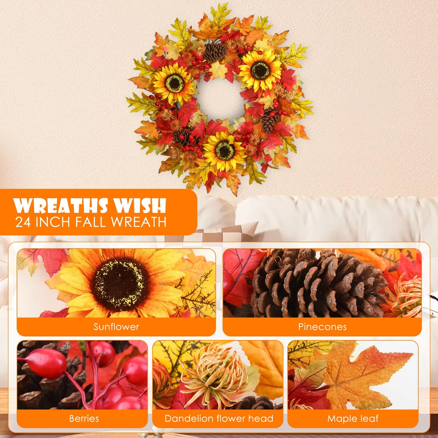 26 Inch Fall Wreath for Front Door, Artificial Autumn Wreath with Maple Leaves,Oak Leaves,Flowers,and Berries, Thanksgiving & Halloween Fall Decor for Indoor Outdoor Wall Window