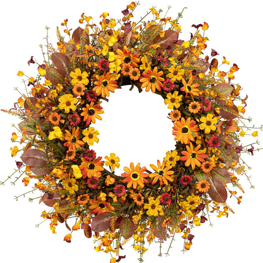 Fall Wreaths for Front Door 22 Inch Artificial Fall Wreath Orange Autumn Wreath with Wildflower and Eucalyptus Leaves for Thanksgiving Indoor Outdoor Home Decorations