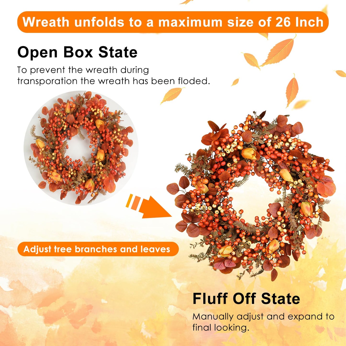 26 Inch Fall Wreath for Front Door, Artificial Autumn Wreath with Maple Leaves,Oak Leaves,Flowers,and Berries, Thanksgiving & Halloween Fall Decor for Indoor Outdoor Wall Window