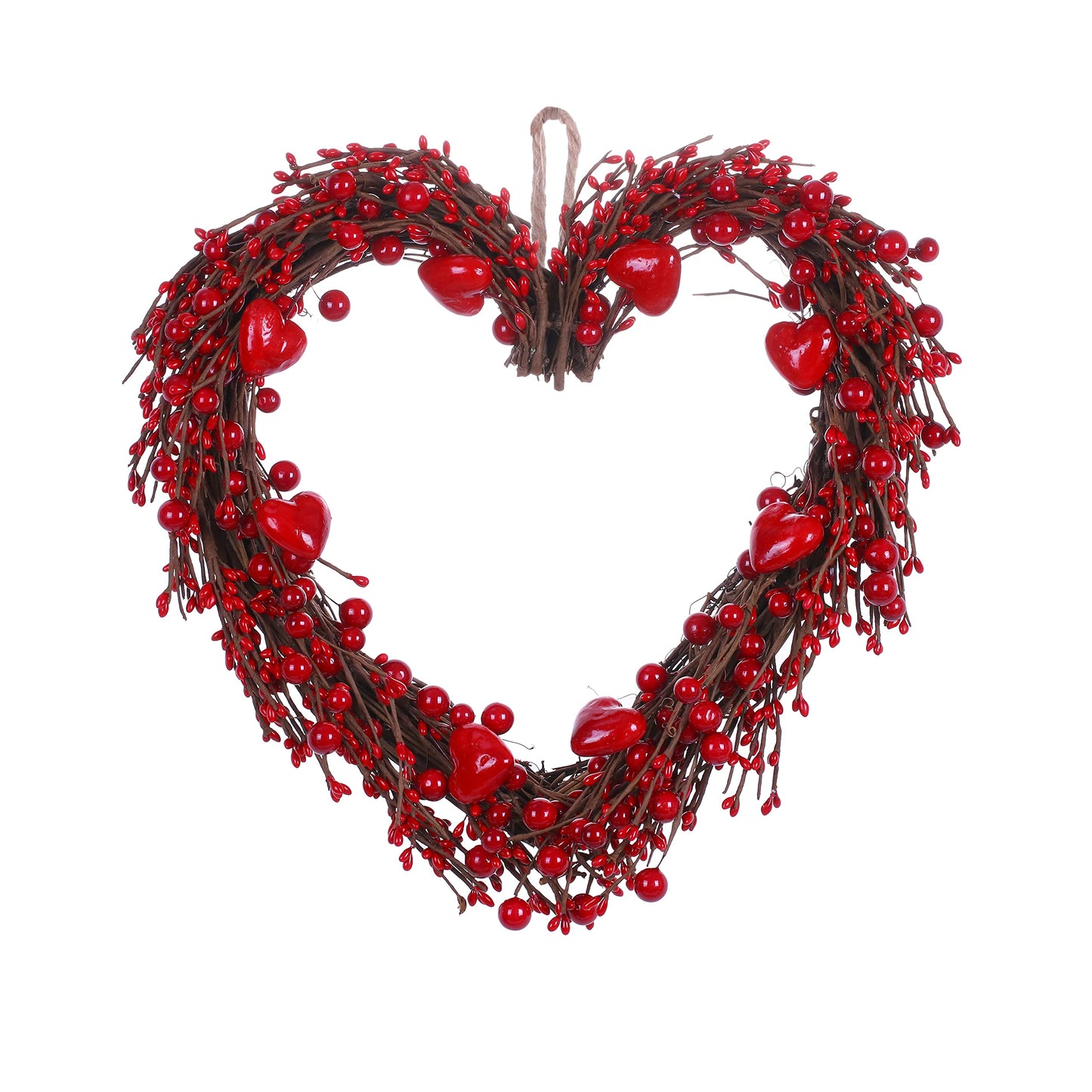 Valentine’s Day Wreath,15” Heart Shaped Wreath with Red Berries for Valentine’s Day Wedding Festival Decor