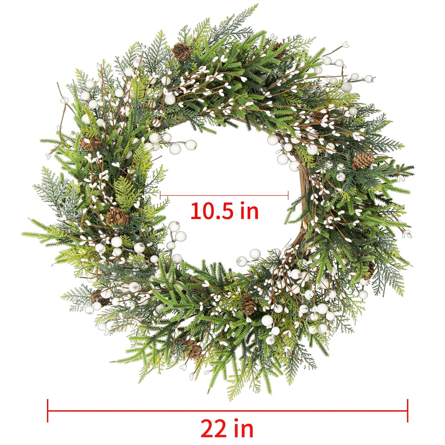 Artificial Christmas Wreath 22 Inch Christmas Wreaths for Front Door Large Winter Wreath with Pine Cones and Red Berries for Outdoor Indoor Holiday Xmas Celebration(Red)