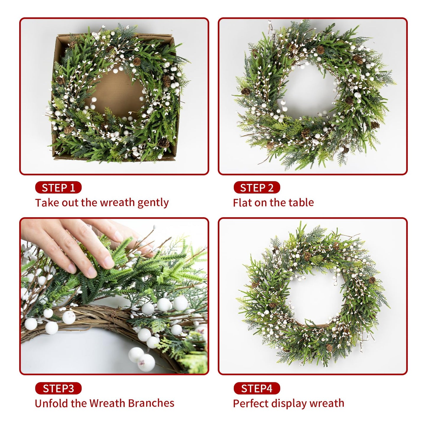 Artificial Christmas Wreath 22 Inch Christmas Wreaths for Front Door Large Winter Wreath with Pine Cones and Red Berries for Outdoor Indoor Holiday Xmas Celebration(Red)