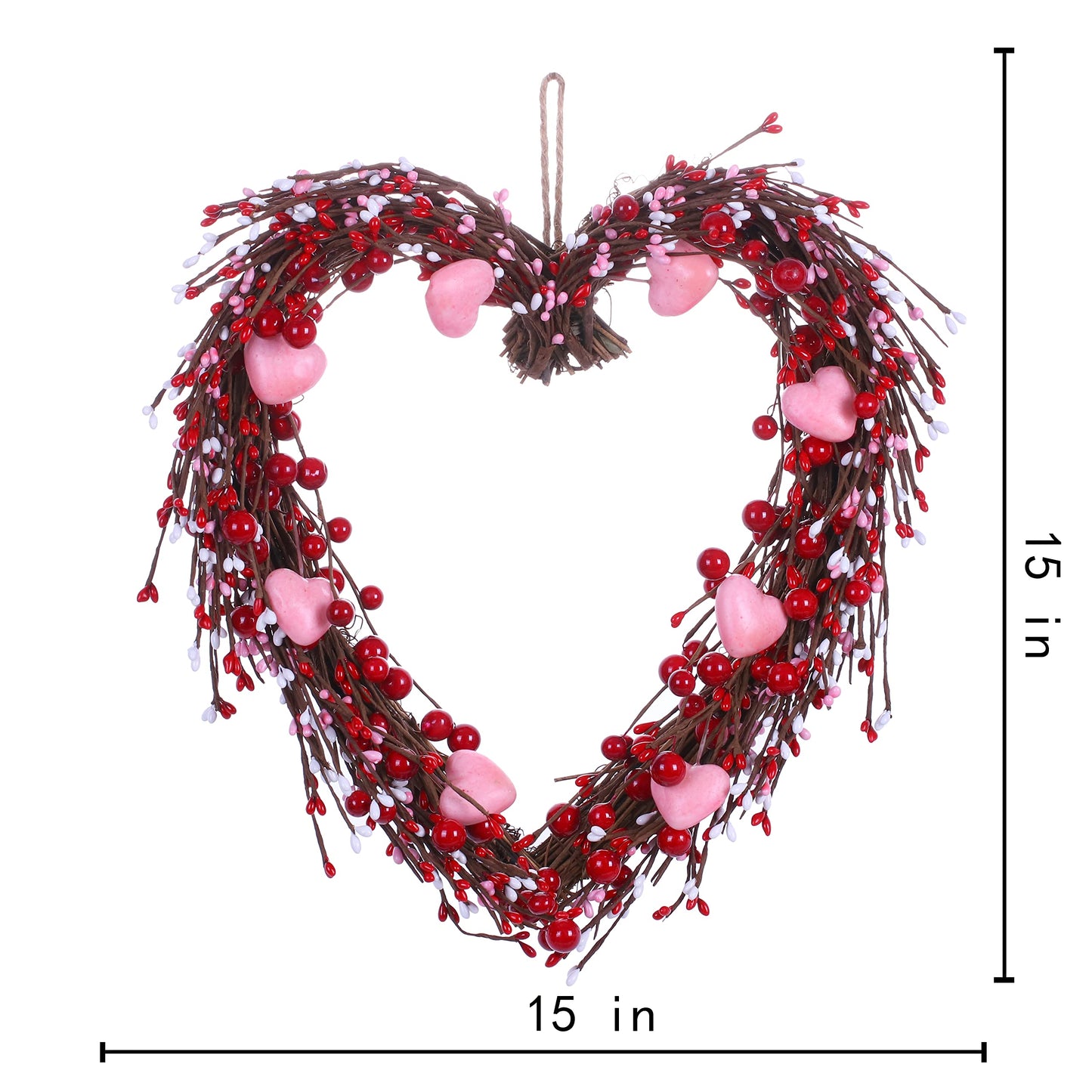 Valentine’s Day Wreath,15” Heart Shaped Wreath with Red Berries for Valentine’s Day Wedding Festival Decor