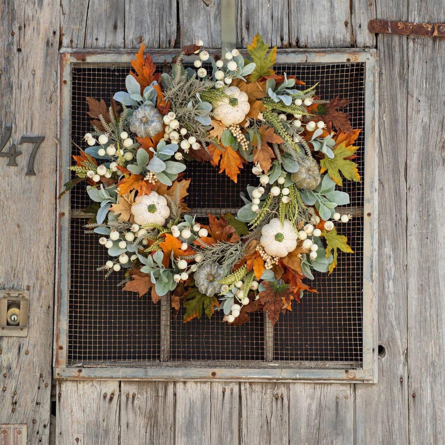 Large Grapevine Wreath 36 Inches Simulated Plant White Pumpkin Wreath Porch Decoration Front Door Outdoor Hanging Wreath Decor 3 Wreaths Set (H11, 40X40CM)