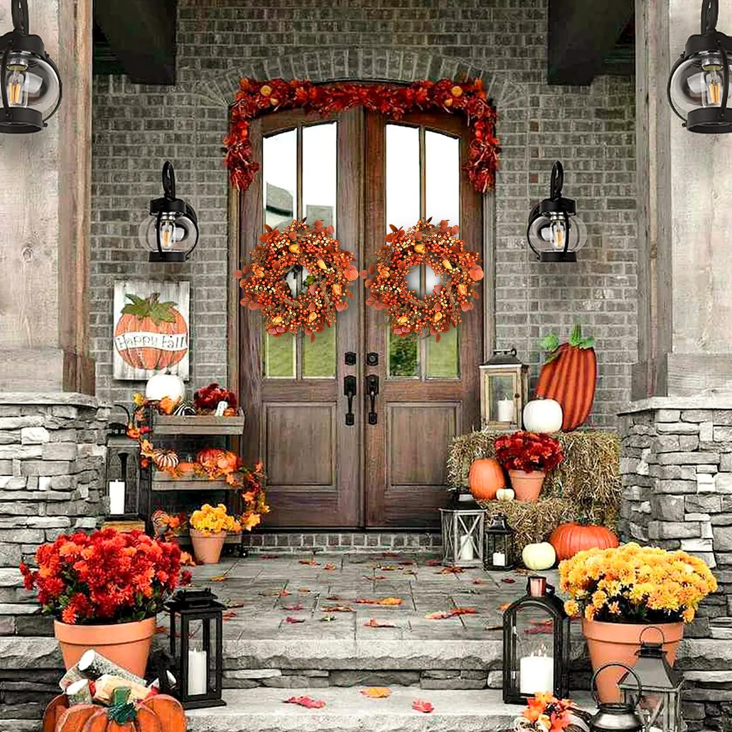 26 Inch Fall Wreath for Front Door, Artificial Autumn Wreath with Maple Leaves,Oak Leaves,Flowers,and Berries, Thanksgiving & Halloween Fall Decor for Indoor Outdoor Wall Window