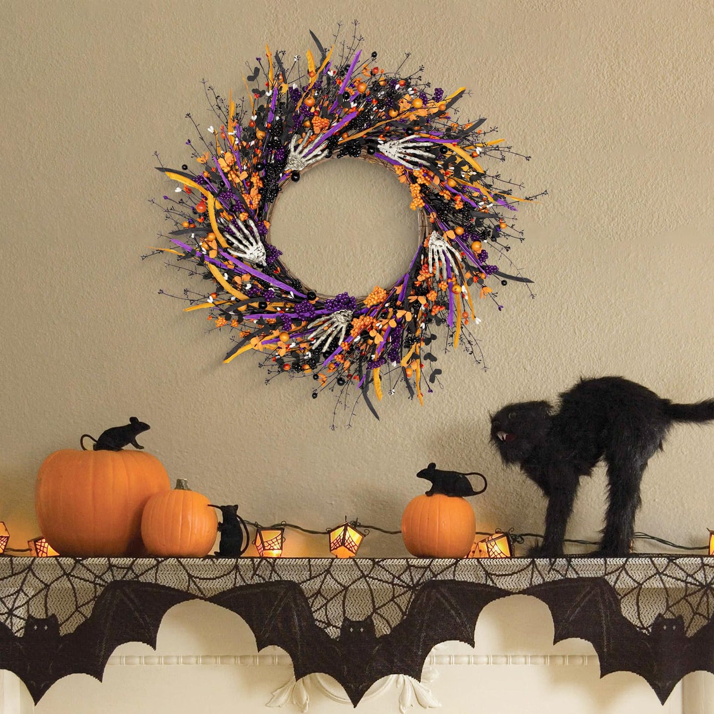 Halloween Wreaths for Front Door 22 Inch Skeleton Black Halloween Wreath Handmade Halloween Door Wreath with Purple and Orange Berries for Halloween Gothic Decorations