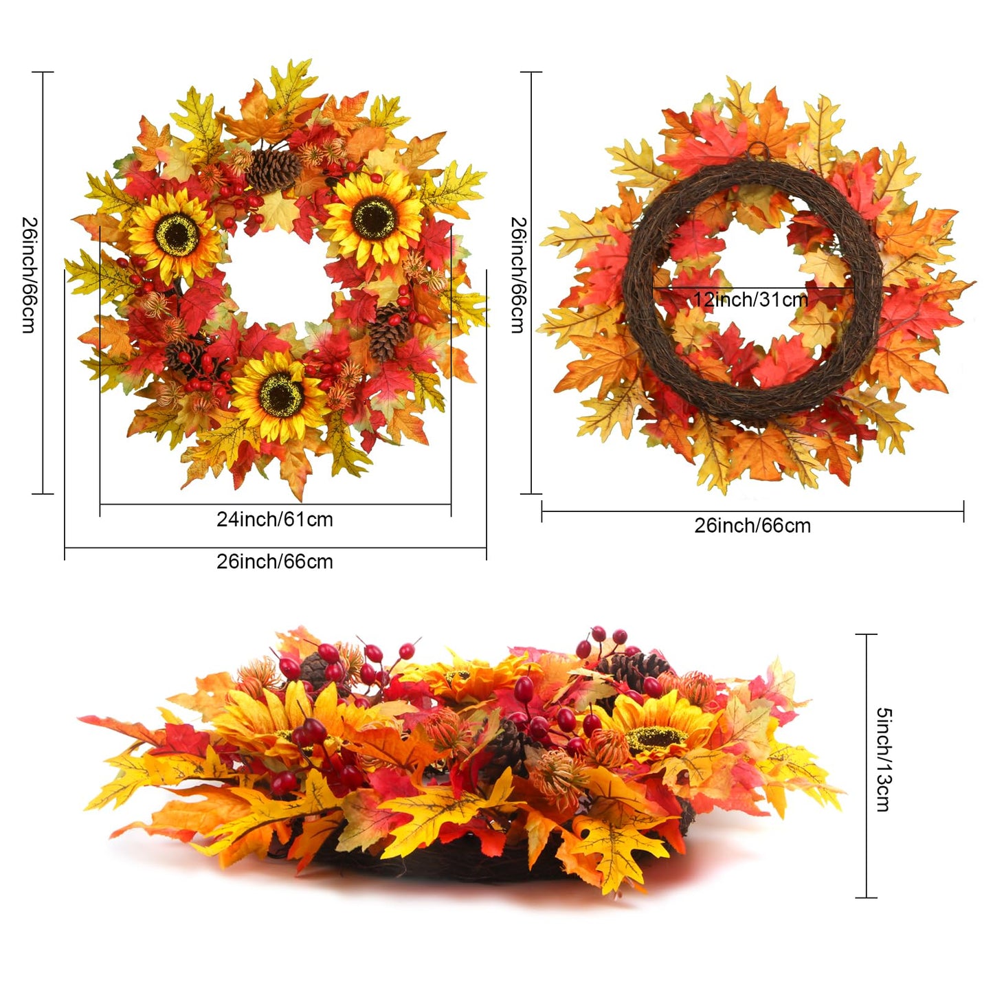 26 Inch Fall Wreath for Front Door, Artificial Autumn Wreath with Maple Leaves,Oak Leaves,Flowers,and Berries, Thanksgiving & Halloween Fall Decor for Indoor Outdoor Wall Window