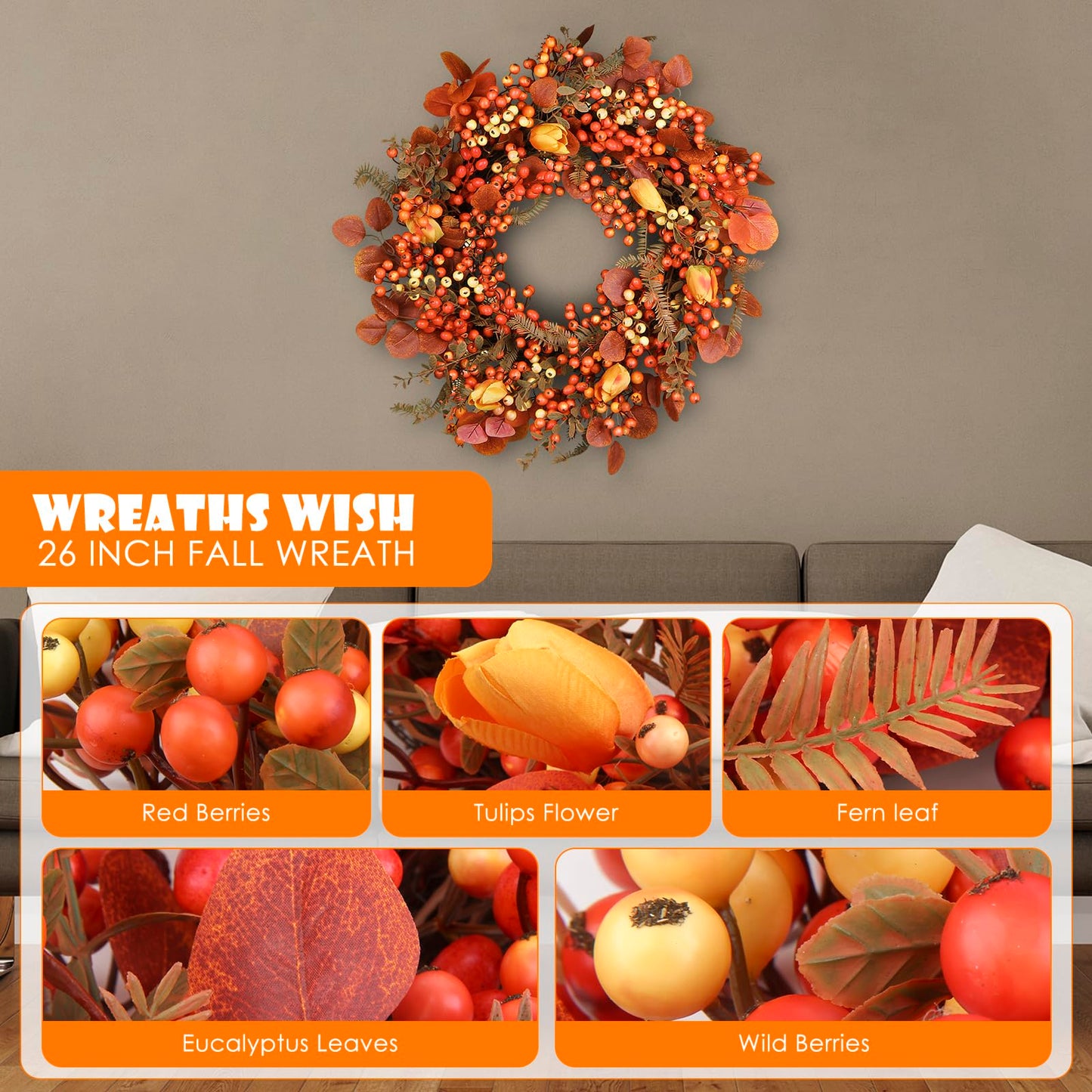 26 Inch Fall Wreath for Front Door, Artificial Autumn Wreath with Maple Leaves,Oak Leaves,Flowers,and Berries, Thanksgiving & Halloween Fall Decor for Indoor Outdoor Wall Window