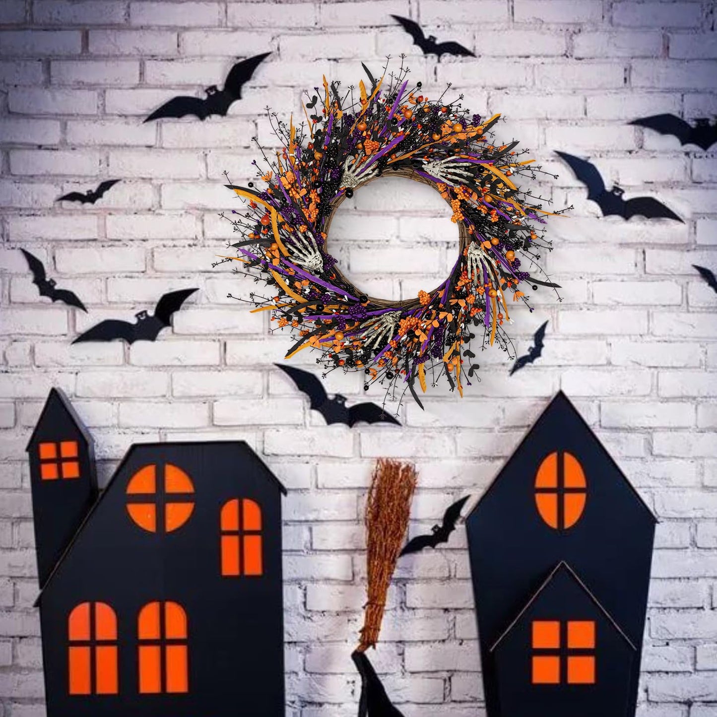 Halloween Wreaths for Front Door 22 Inch Skeleton Black Halloween Wreath Handmade Halloween Door Wreath with Purple and Orange Berries for Halloween Gothic Decorations