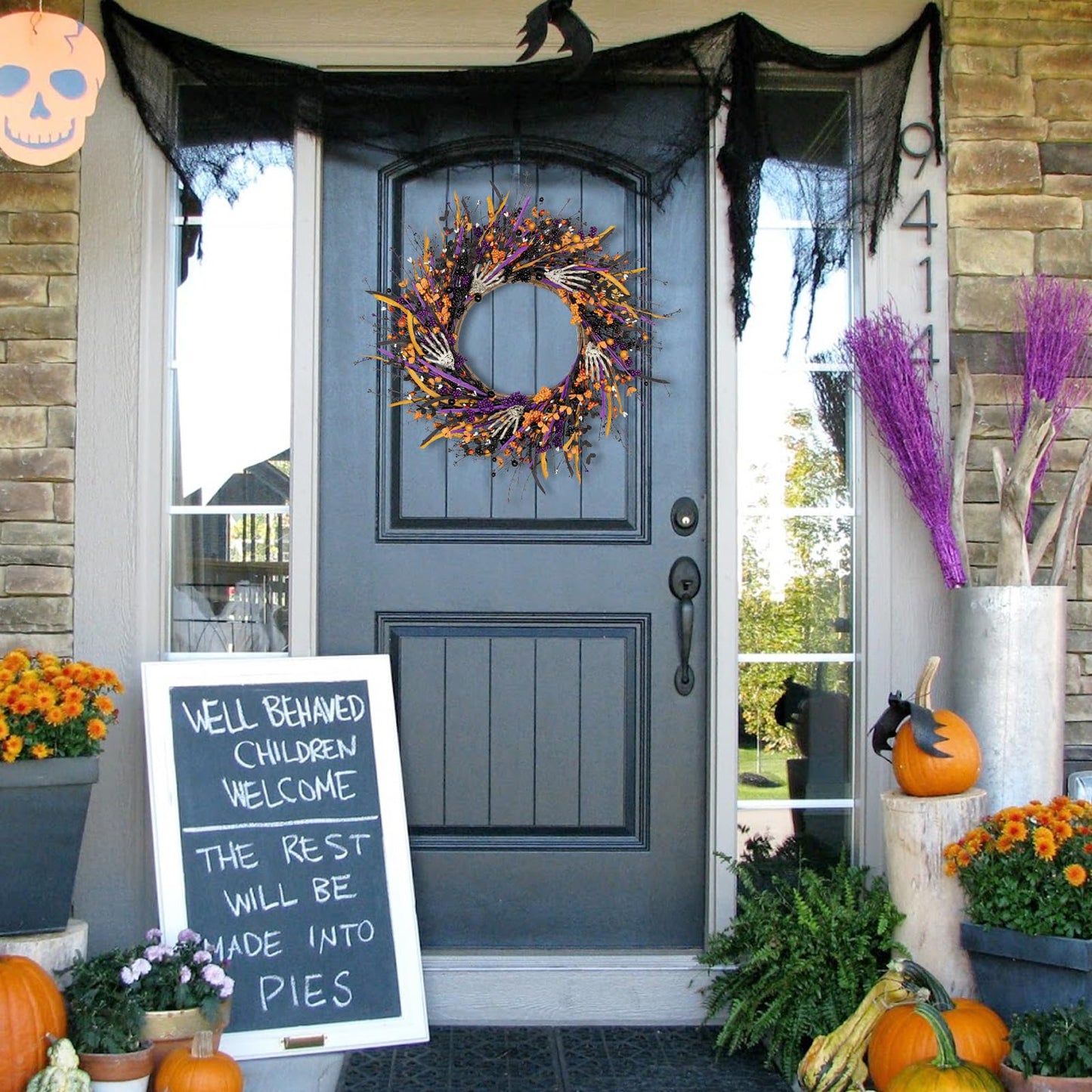 Halloween Wreaths for Front Door 22 Inch Skeleton Black Halloween Wreath Handmade Halloween Door Wreath with Purple and Orange Berries for Halloween Gothic Decorations