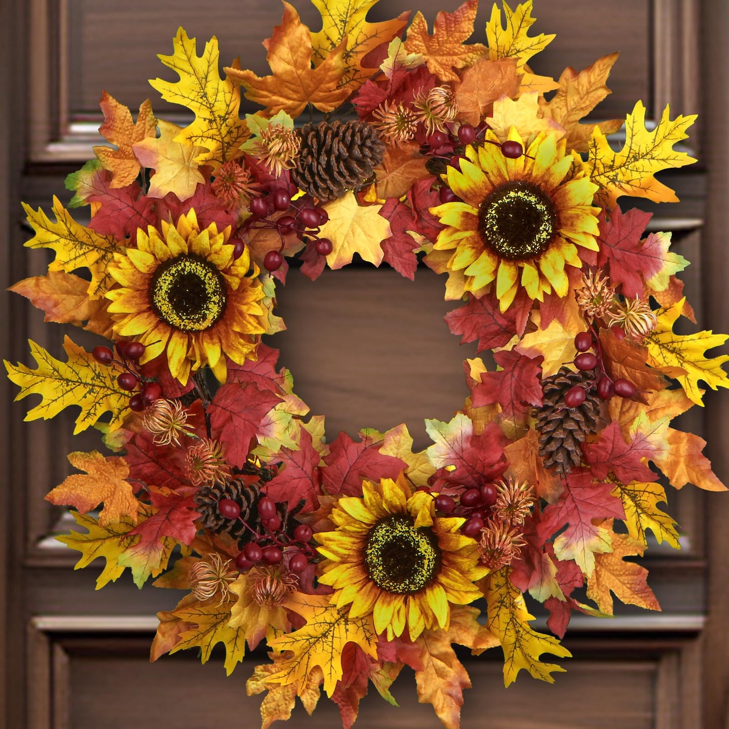 26 Inch Fall Wreath for Front Door, Artificial Autumn Wreath with Maple Leaves,Oak Leaves,Flowers,and Berries, Thanksgiving & Halloween Fall Decor for Indoor Outdoor Wall Window