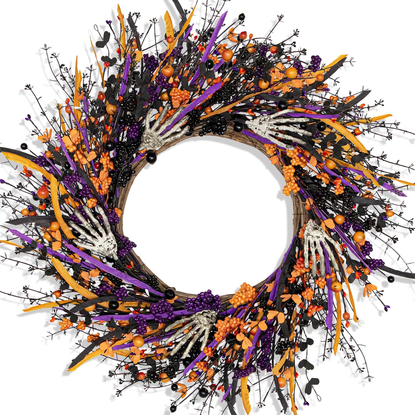 Halloween Wreaths for Front Door 22 Inch Skeleton Black Halloween Wreath Handmade Halloween Door Wreath with Purple and Orange Berries for Halloween Gothic Decorations