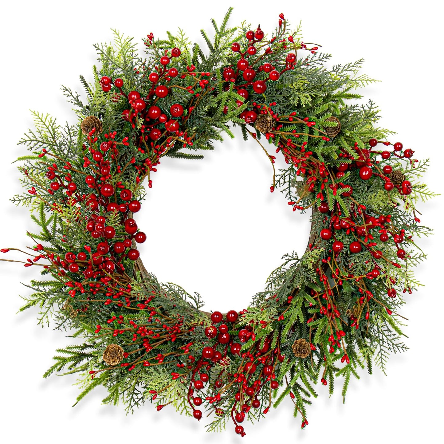 Artificial Christmas Wreath 22 Inch Christmas Wreaths for Front Door Large Winter Wreath with Pine Cones and Red Berries for Outdoor Indoor Holiday Xmas Celebration(Red)