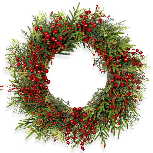 Artificial Christmas Wreath 22 Inch Christmas Wreaths for Front Door Large Winter Wreath with Pine Cones and Red Berries for Outdoor Indoor Holiday Xmas Celebration(Red)