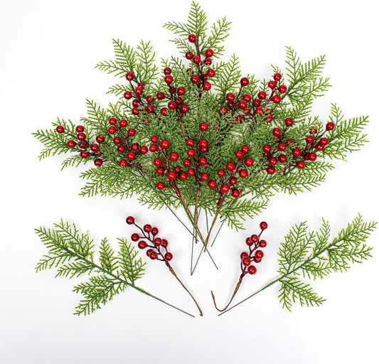 Artificial Christmas Floral Picks 30 Pack Christmas Greenery Stems with Red Berry Branches for Winter Holiday Christmas Tree DIY Decoration